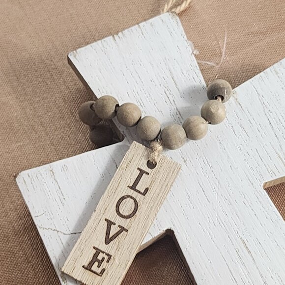 Rustic Whitewash Embossed Particle Board Beaded Faux Wood Love Sign on 8" Cross - Picture 13 of 16